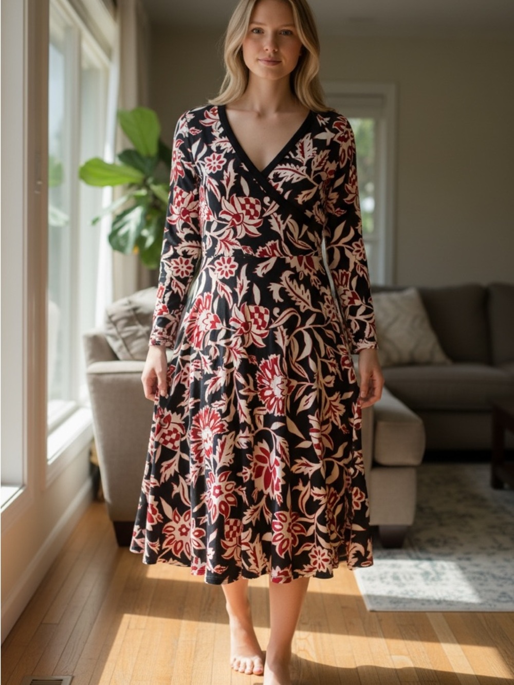 Harold's Black Wrap-Style Midi Dress with Red and Cream Floral Print